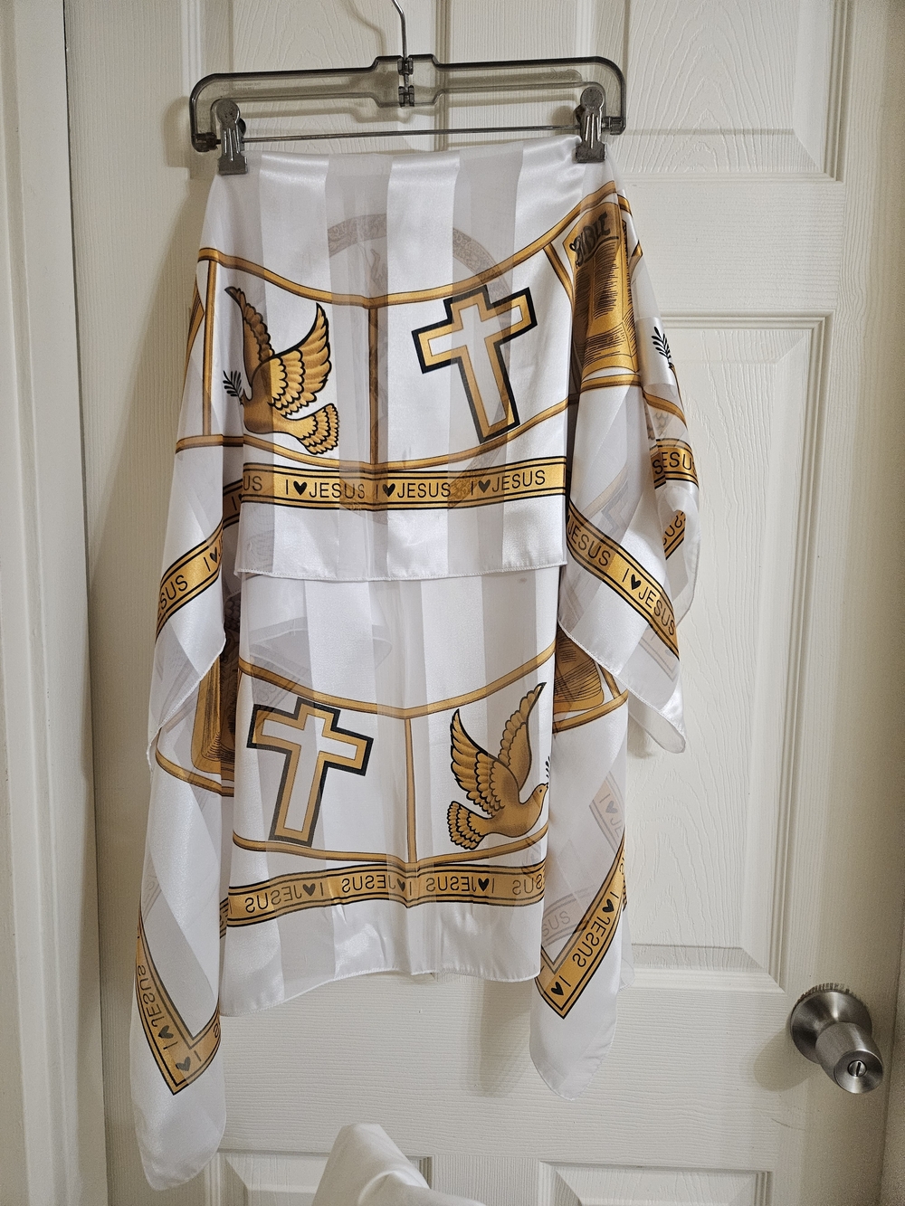 White & Gold Religious Print Satin Scarf - Picture 2 of 12